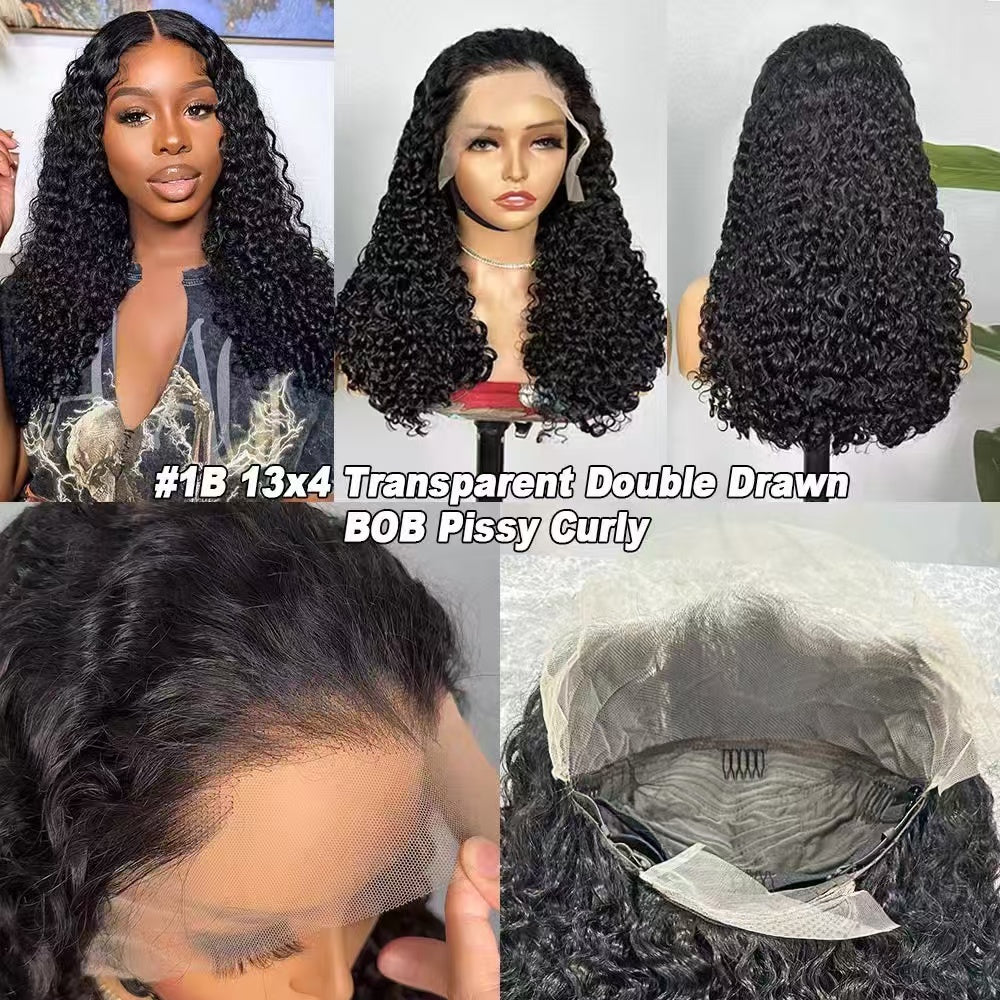 200% Density 13x4 Lace Frontal Bob Wig SDD Pissy Curly Transparent Lace
