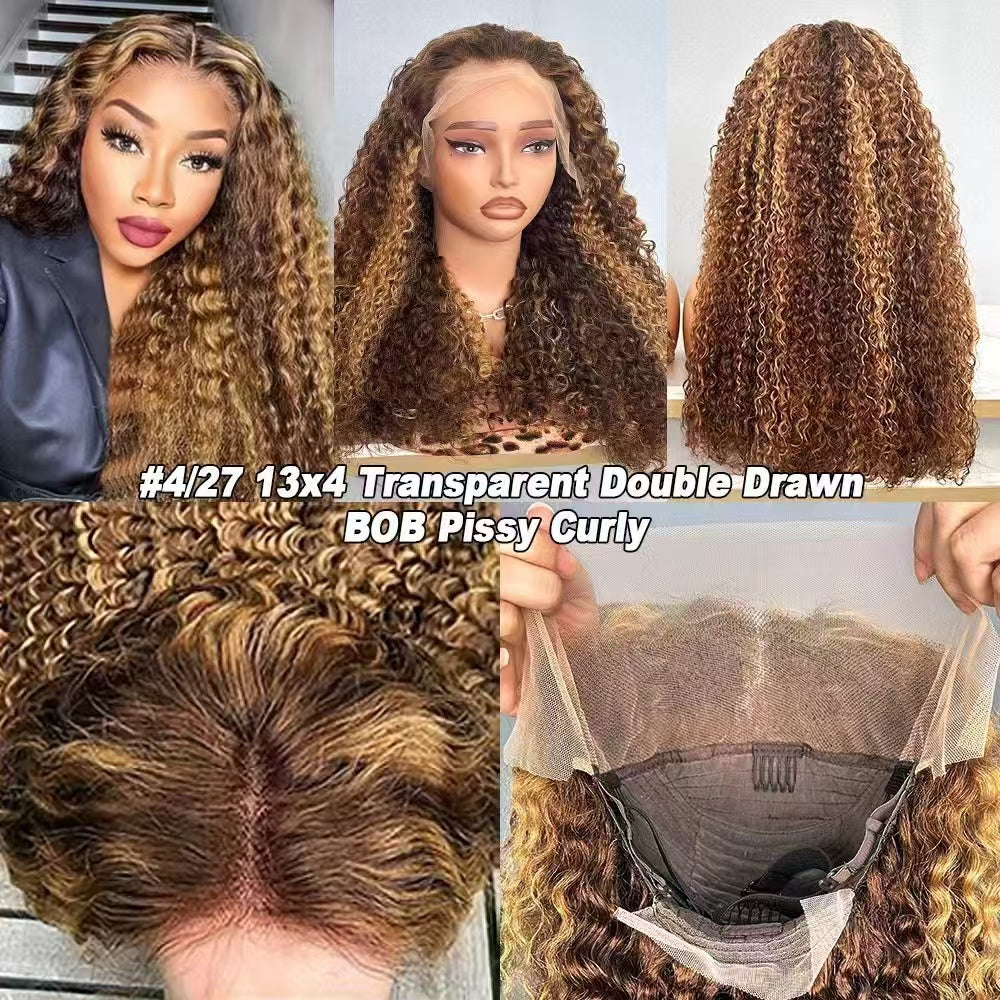 200% Density 13x4 Lace Frontal Bob Wig SDD Pissy Curly Transparent Lace