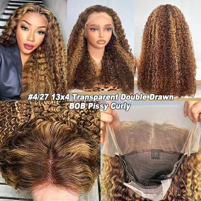200% Density 13x4 Lace Frontal Bob Wig SDD Pissy Curly Transparent Lace