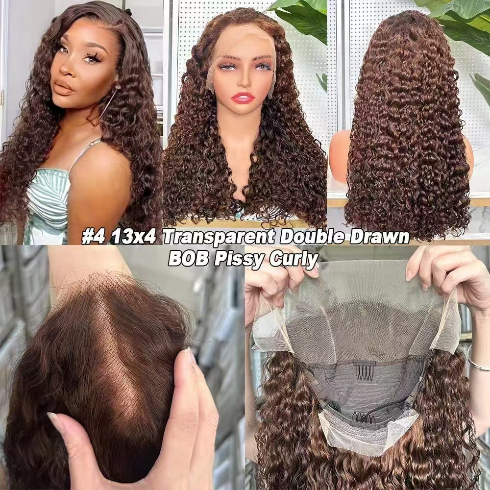 200% Density 13x4 Lace Frontal Bob Wig SDD Pissy Curly Transparent Lace