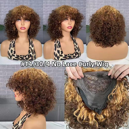 No Lace Curly Wig Glueless Wig in Six Colors 250% Density Ginger,99J,P4/27#