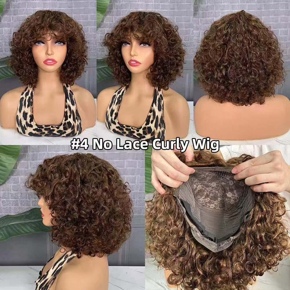 No Lace Curly Wig Glueless Wig in Six Colors 250% Density Ginger,99J,P4/27#