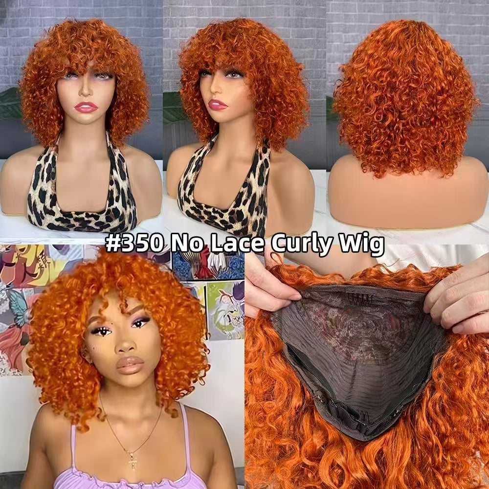 No Lace Curly Wig Glueless Wig in Six Colors 250% Density Ginger,99J,P4/27#