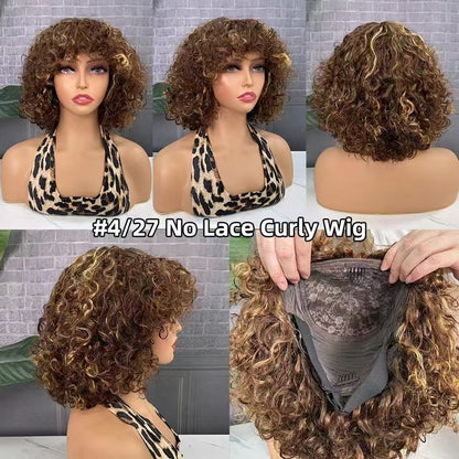 No Lace Curly Wig Glueless Wig in Six Colors 250% Density Ginger,99J,P4/27#