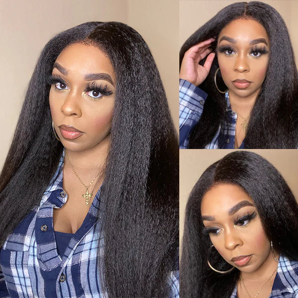 Kinky Straight 4x4 HD Lace Closure Wig Natrual Black Can be dyed
