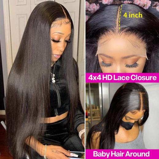 4x4 HD Lace Closure Wig Silky Straight Can Bleached Knots
