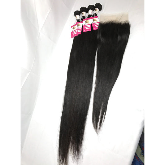 100% Virgin Brazilian Hair Straight 4Bundles with Ear to ear Lace Frontal