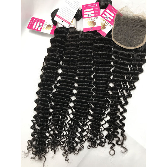 100% Virgin Brazilian Hair Deep Curly 4bundles with Top Lace Closure
