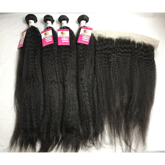 100% Virgin Brazilian Hair Kinky Straight 4bundles with ear to ear Lace Frontal