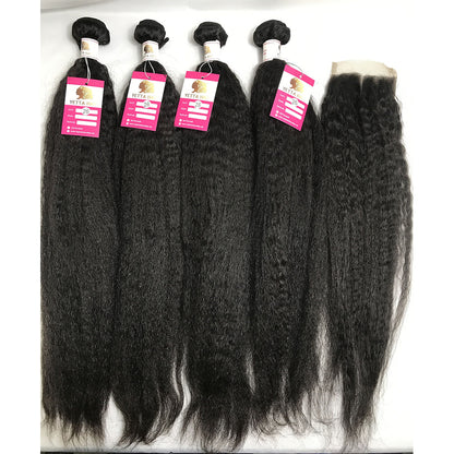 100% Virgin Brazilian Hair Kinky Straight 4bundles with Top Lace Closure