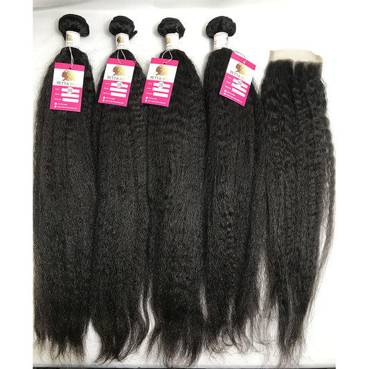 100% Virgin Brazilian Hair Kinky Straight 4bundles with Top Lace Closure