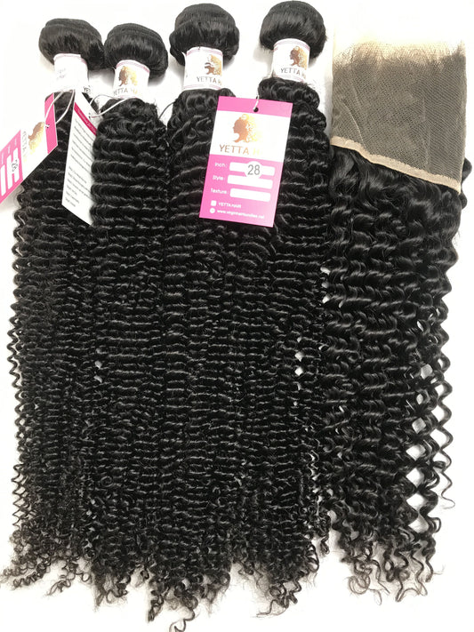 100% Virgin Brazilian Hair Kinky Curly 4bundles with Top Lace Closure