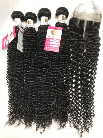 100% Virgin Brazilian Hair Kinky Curly 4bundles with Top Lace Closure