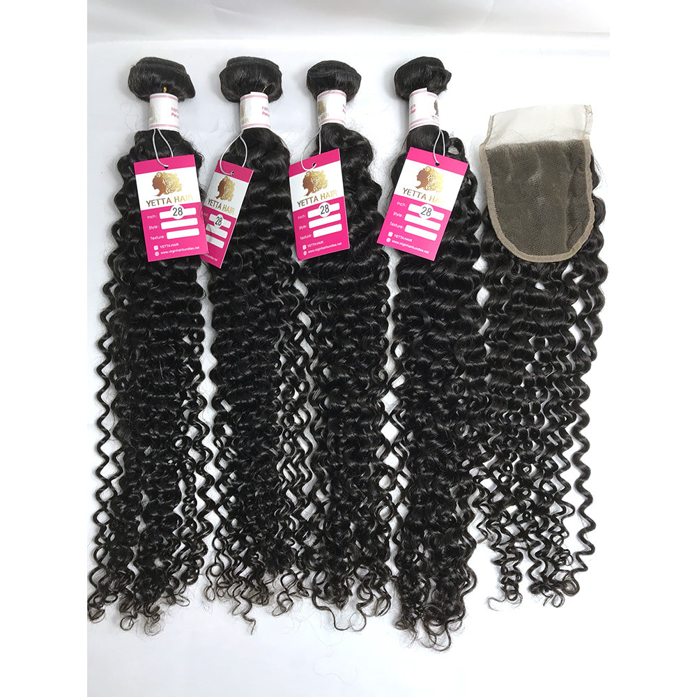100% Virgin Brazilian Hair Natural Curly 4bundles with Top Lace Closure