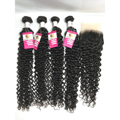 100% Virgin Brazilian Hair Natural Curly 4bundles with Top Lace Closure