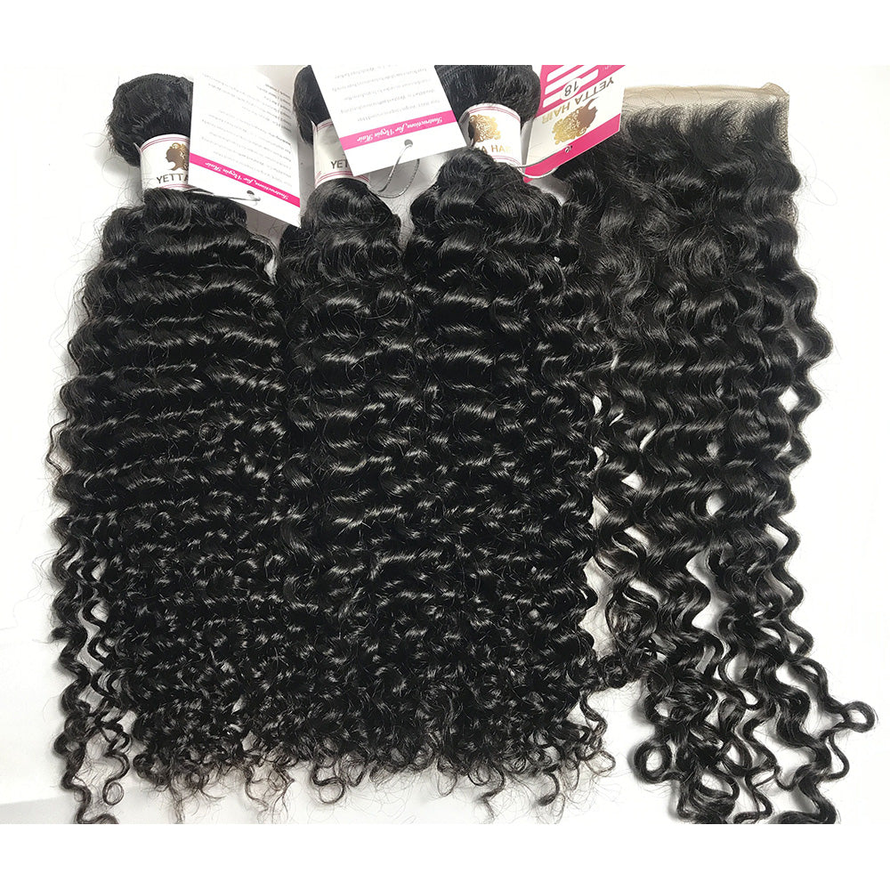 100% Virgin Brazilian Hair Natural Curly bundles with Top Lace Closure