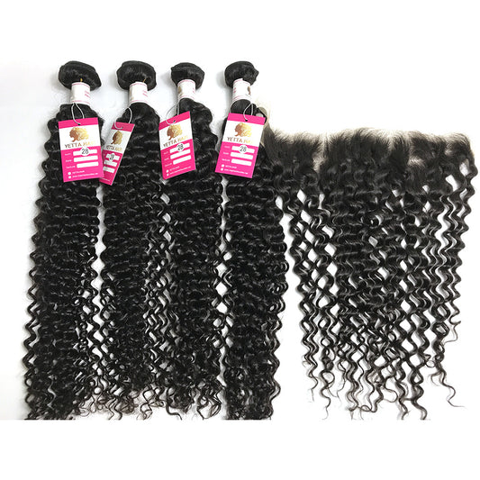 100% Virgin Brazilian Hair 4Pcs Natural Curly Bundles with Ear to ear Lace Frontal