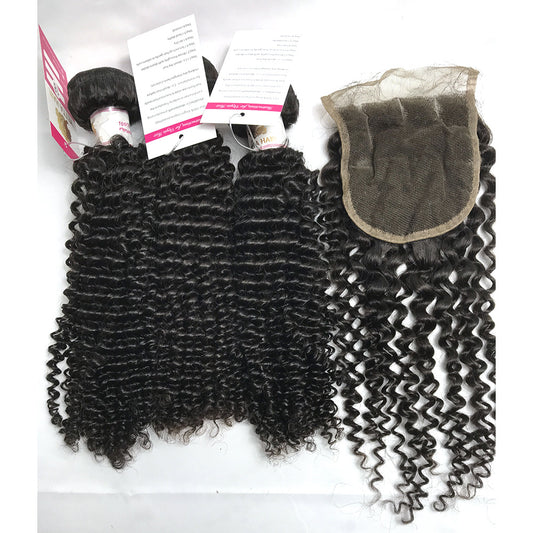 100% Virgin Brazilian Hair Kinky Curly bundles with Top Lace Closure