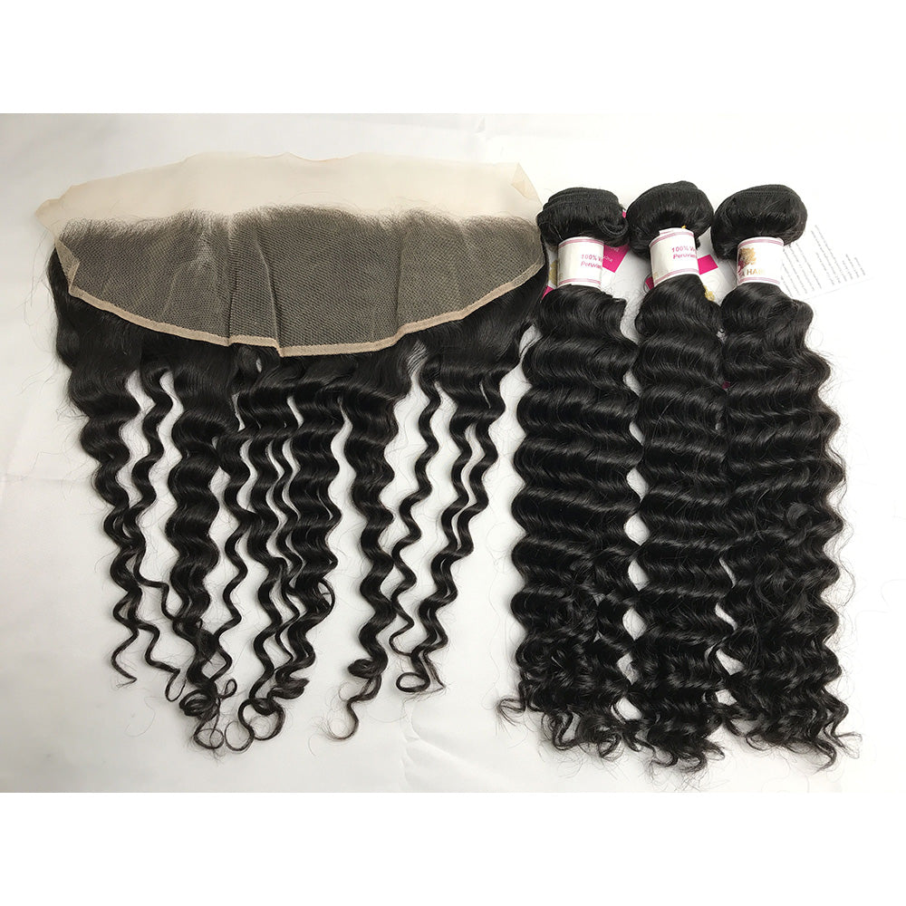 100% Virgin Brazilian Hair Deep wave bundles with Big Lace Frontal
