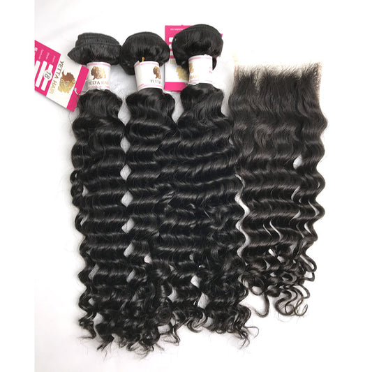 100% Virgin Brazilian Hair Deep wave bundles with Top Lace Closure