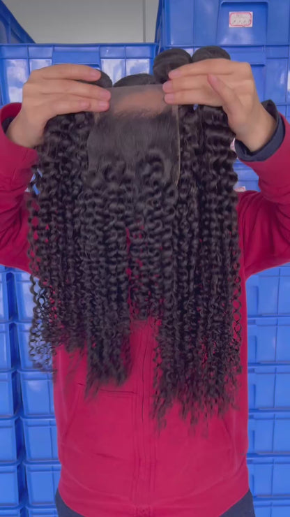 100% Virgin Brazilian Hair Natural Curly bundles with Top Lace Closure